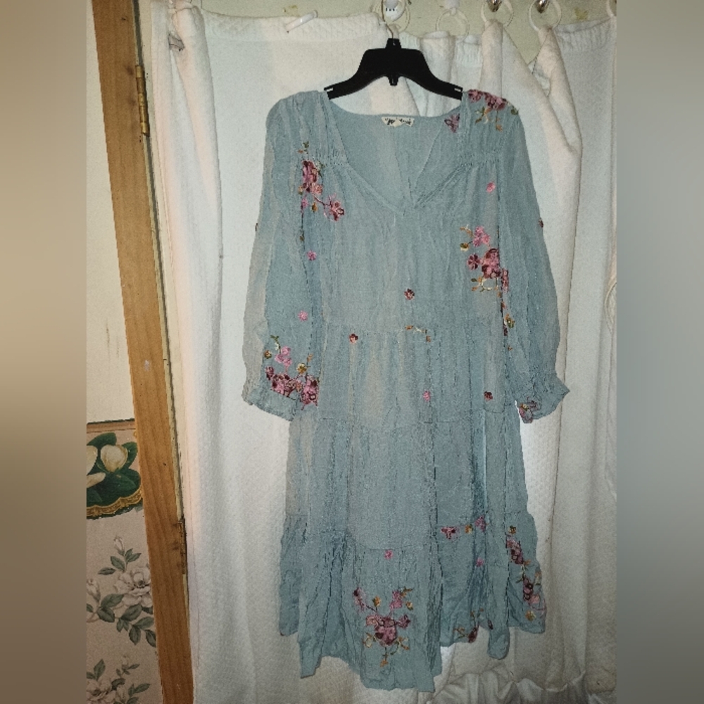 Hope Springs LIght Sage Embroidered Floral Long-Sleeve Midi Dress - Size L